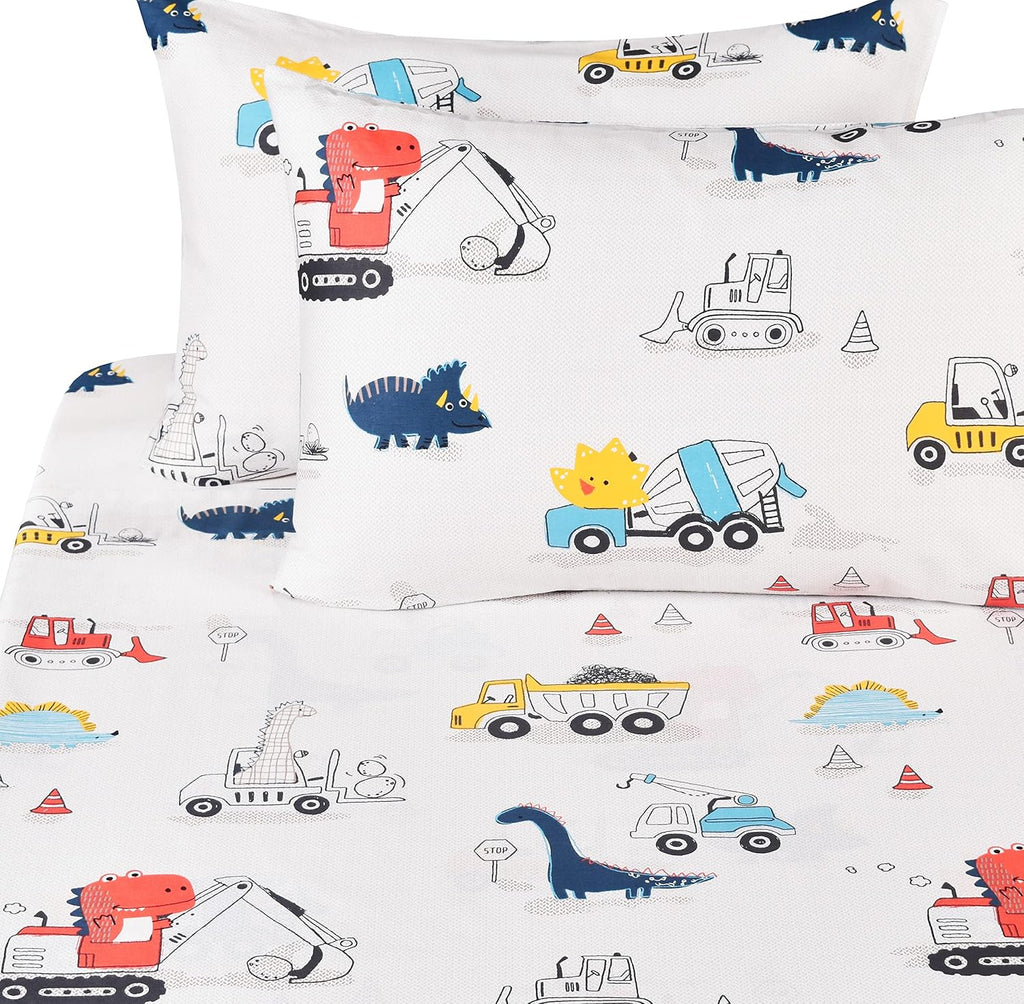 J-pinno Dinosaur Construction Work Digger Cars Vehicle Cute Cozy Fun Full Sheet Set for Kids Girls Children 100% Cotton Flat Sheet + Fitted Sheet + Piillowcase Bedding Set (Dinosaur, Full)