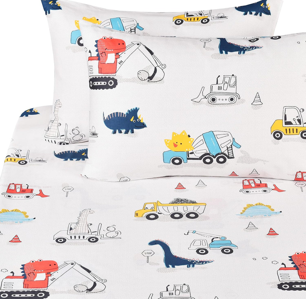 J-pinno Dinosaur Construction Work Digger Cars Vehicle Cute Cozy Fun Full Sheet Set for Kids Girls Children 100% Cotton Flat Sheet + Fitted Sheet + Piillowcase Bedding Set (Dinosaur, Full)