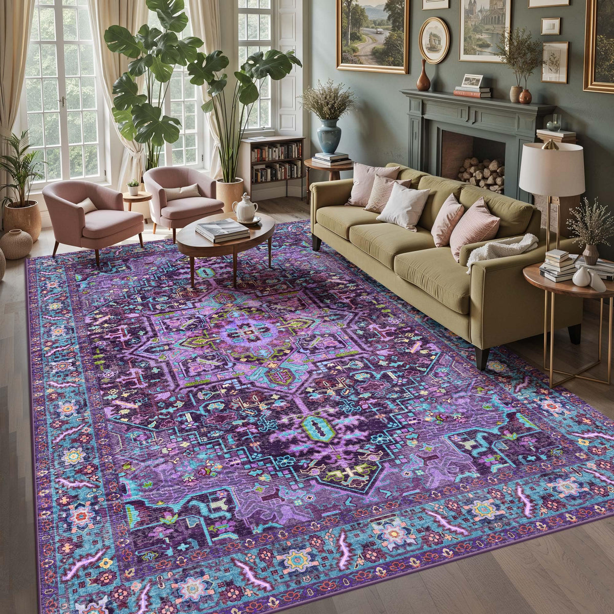 Kokia 9x12 Washable Area Rugs Maroon with Vintage Orient Design, Soft Rug for Living Room or Bedroom, Non-Slip Low Pile Stain Resistance Features, Distressed Medallion Pattern