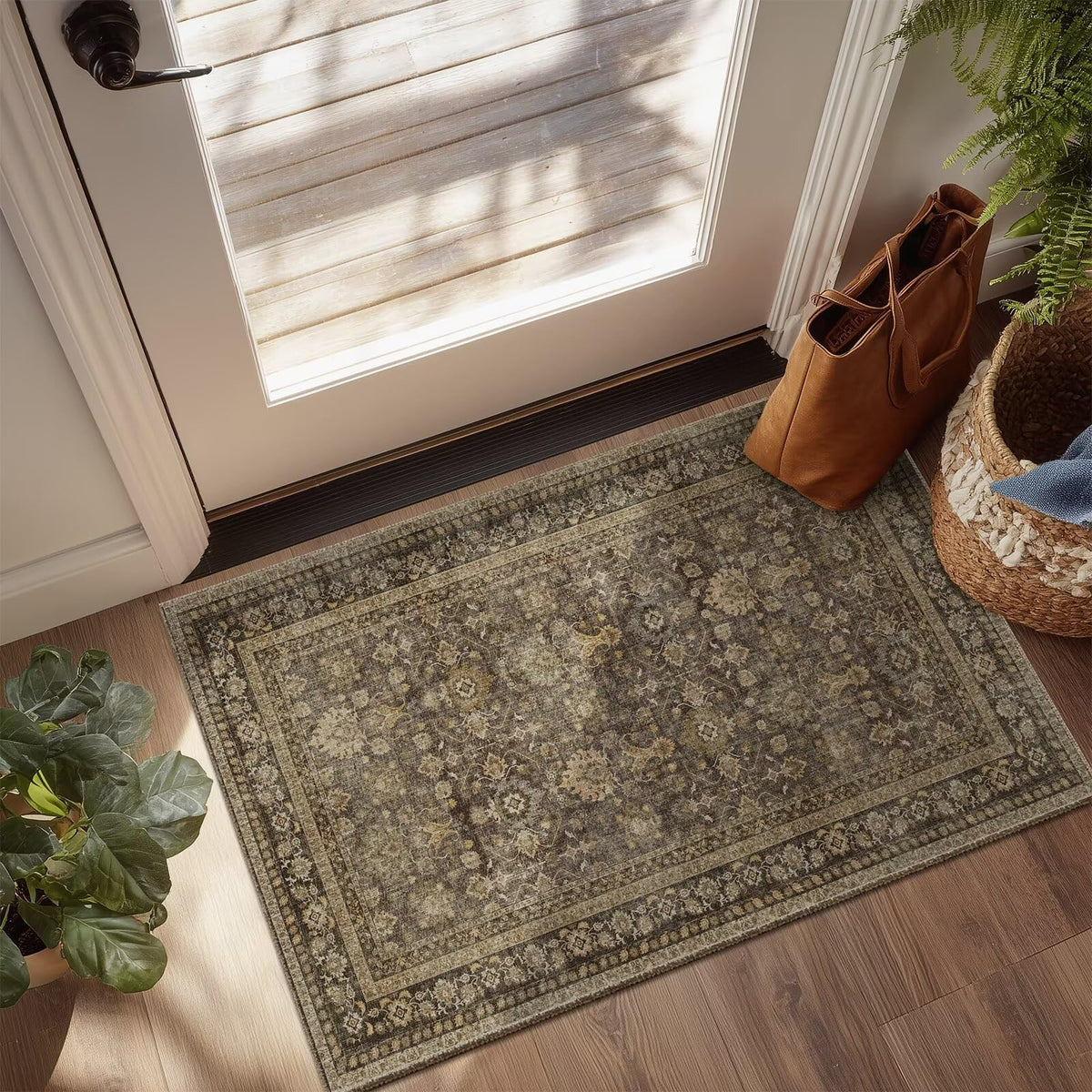 Washable 10x14 Area Rugs for Living Room, Ivory/Sage Gold