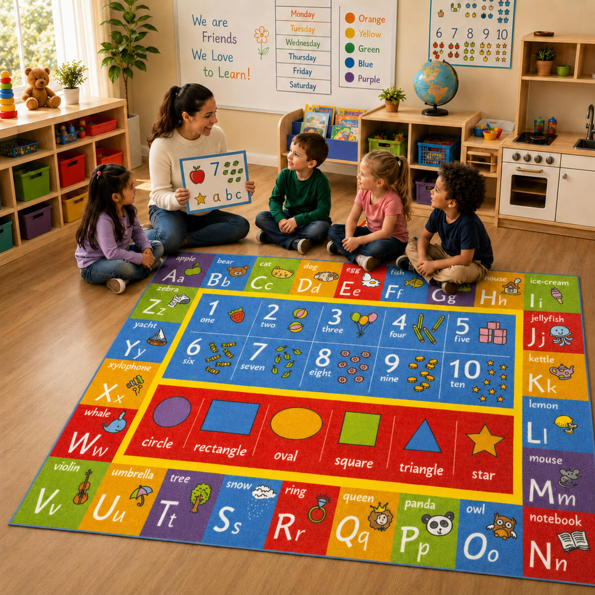 KC Cubs 5x7 ABC Alphabet, Numbers & Shapes Rug – Educational Non-Slip Play Mat Carpet for Kids, Toddlers, Nursery, Classroom, Playroom, Baby Daycare