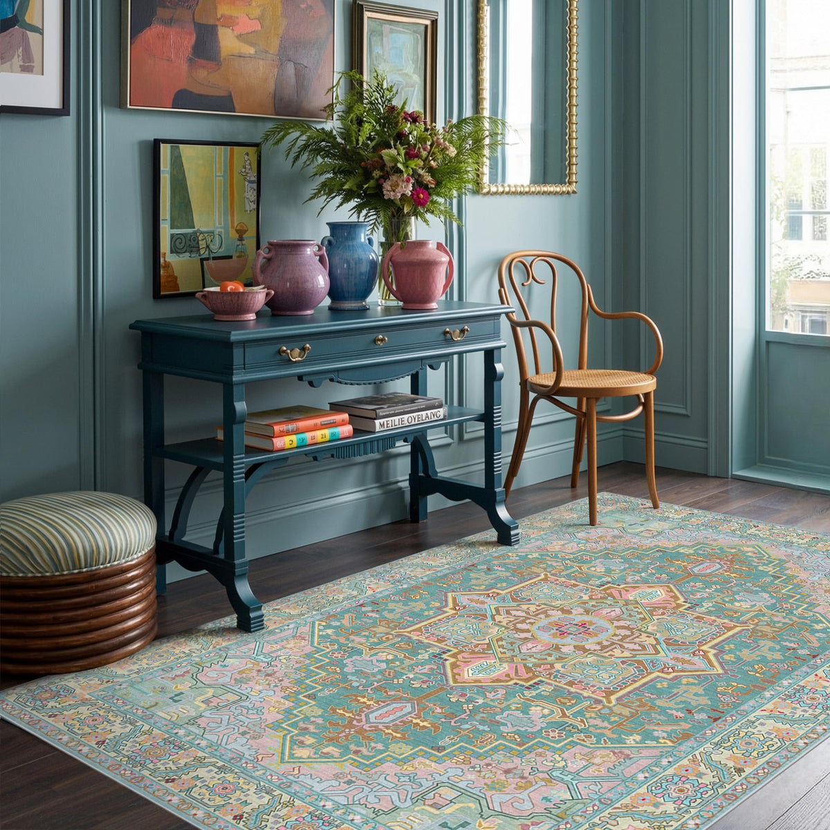 Kokia 9x12 Washable Area Rugs Maroon with Vintage Orient Design, Soft Rug for Living Room or Bedroom, Non-Slip Low Pile Stain Resistance Features, Distressed Medallion Pattern