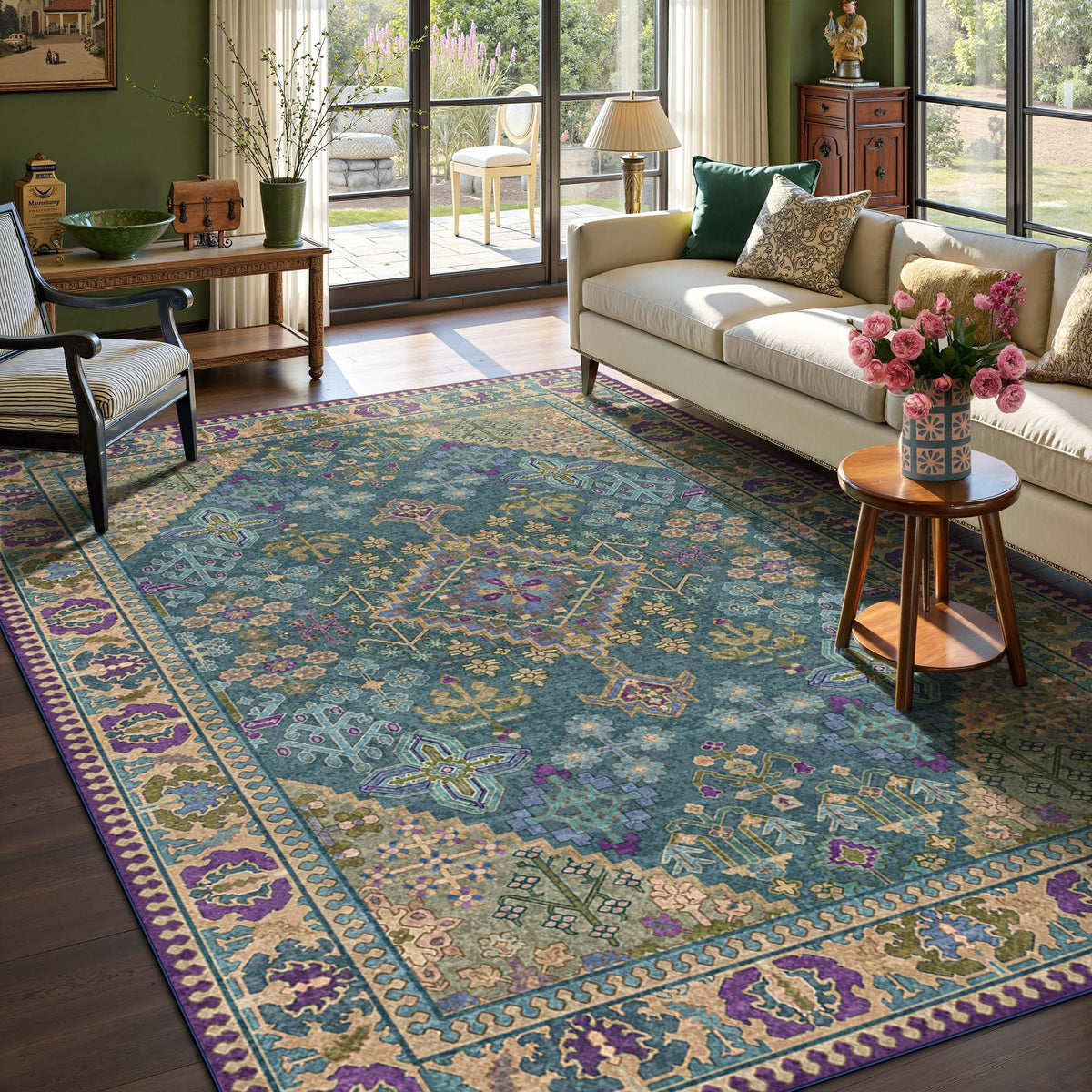 Kokia 9x12 Washable Area Rugs Maroon with Vintage Orient Design, Soft Rug for Living Room or Bedroom, Non-Slip Low Pile Stain Resistance Features, Distressed Medallion Pattern