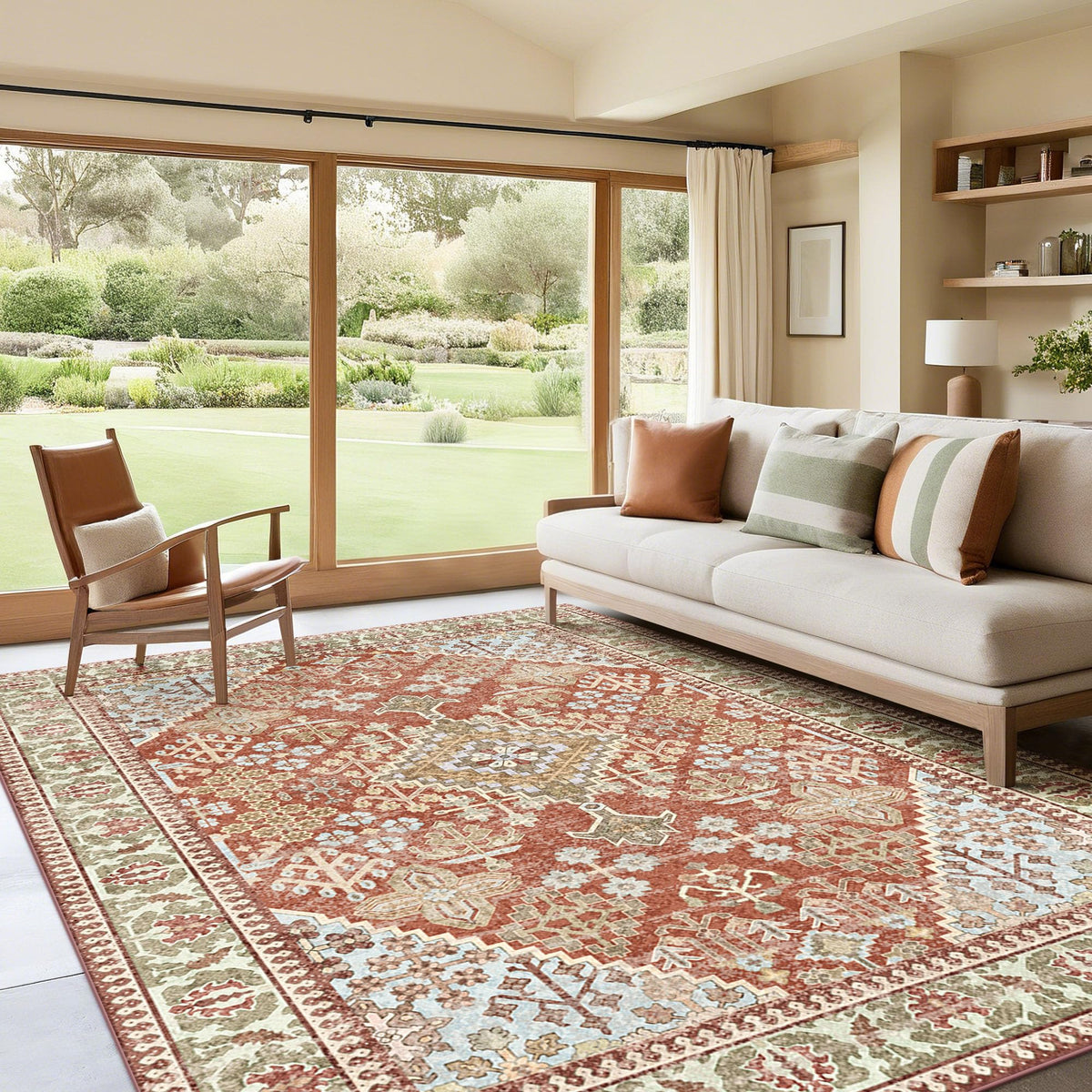 Kokia 9x12 Washable Area Rugs Maroon with Vintage Orient Design, Soft Rug for Living Room or Bedroom, Non-Slip Low Pile Stain Resistance Features, Distressed Medallion Pattern