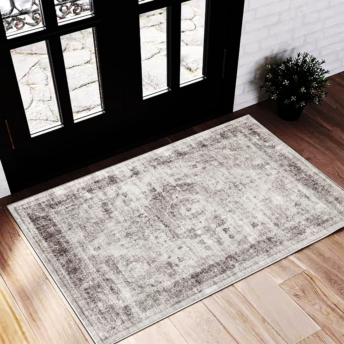 CHAMPLANT Area Rug 4x6 Washable Rug Gray Vintage Traditional Floor Cover Foldable Thin Retro Accent Indoor Distressed Non Slip Carpet Floral Print Mat Bedroom Living Room Bathroom