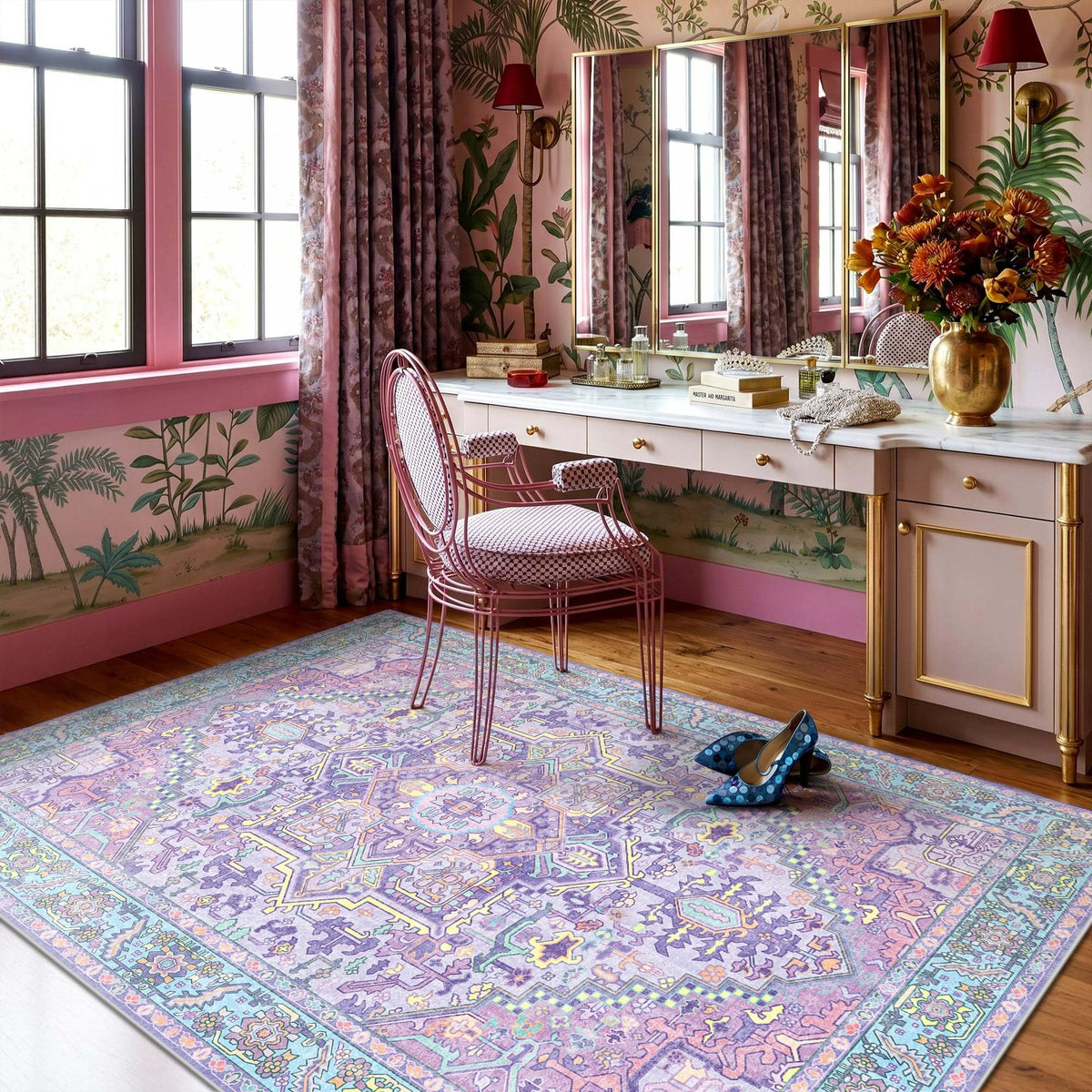 Kokia 9x12 Washable Area Rugs Maroon with Vintage Orient Design, Soft Rug for Living Room or Bedroom, Non-Slip Low Pile Stain Resistance Features, Distressed Medallion Pattern
