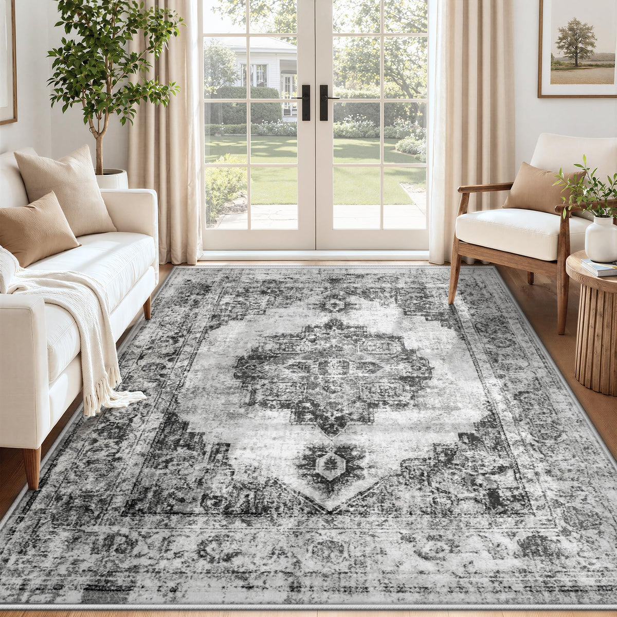 Area Rug 5x7 Vintage Rug: Washable Indoor Medallion Rugs Low Pile Distressed Floor Carpet Retro Accent Rug for Living Room Bedroom Kitchen Dining Table Home Office(Beige, 5'x7')