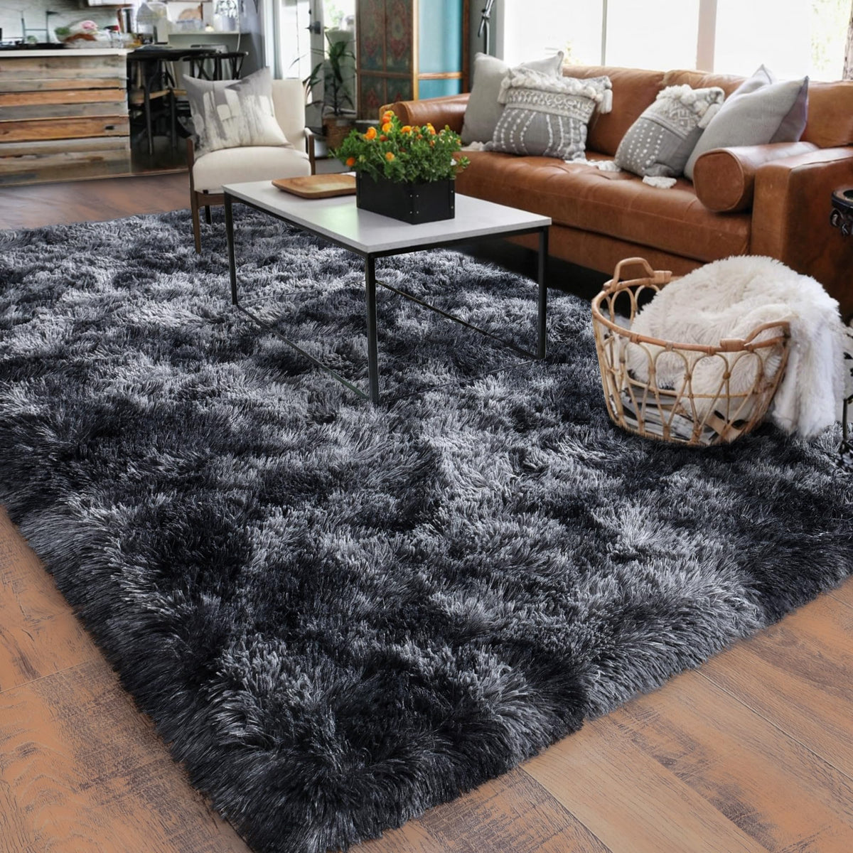 Black Rug for Bedroom, Soft Shaggy Modern Shag 4x6 Area Rugs for Living Room, Upgrade Non-Slip Plush Fluffy Carpet for Kids Boys Girls Room Dorm Home Decor Aesthetic