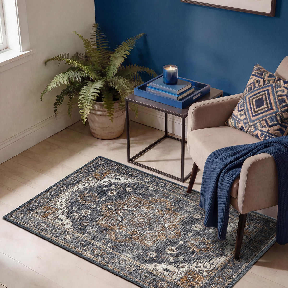 Keen Home Design Vintage Washable Entryway Rug, Non-Slip Low Pile, 3x5
