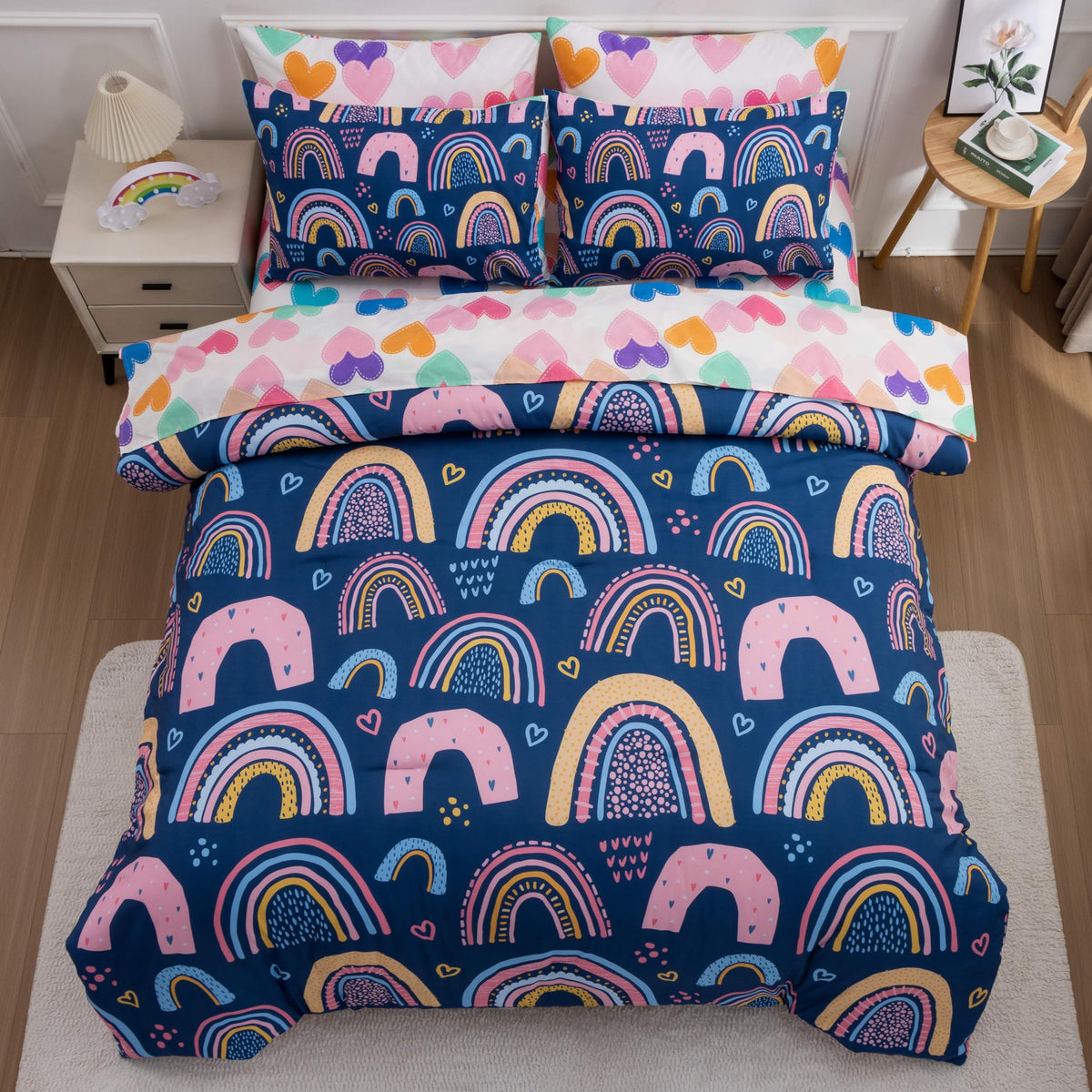 Btargot 5 Piece Full Size Pink Rainbow Comforter Set for Girls Boys Kids, Cartoon Cartoon Butterfly Bedding Set, Bed in a Bag with Comforter, Sheets and Pillowcases