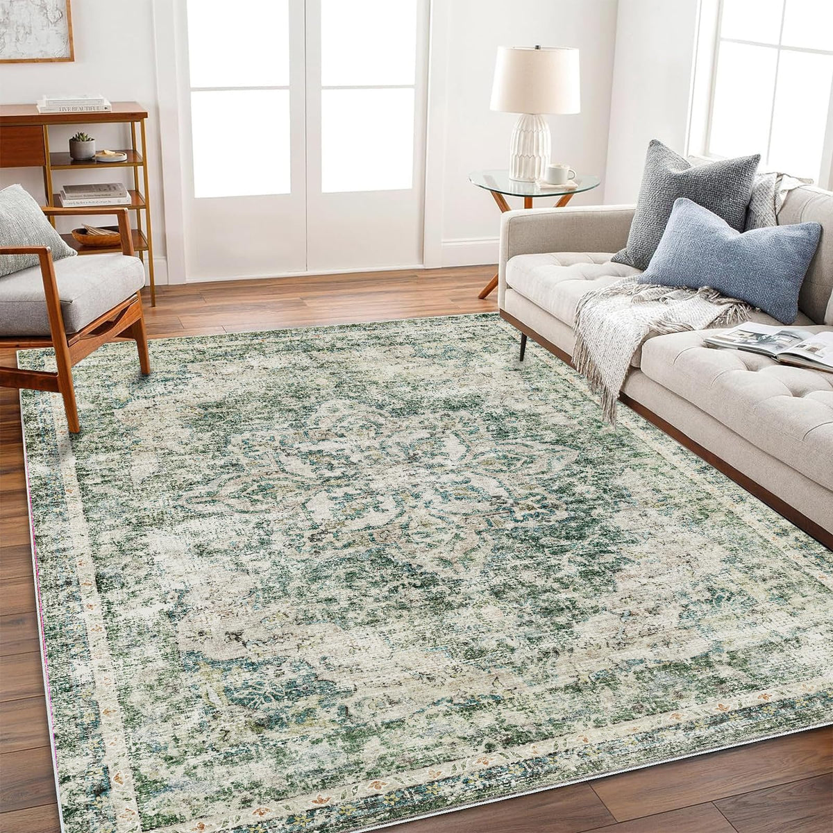 CHAMPLANT Area Rug 4x6 Washable Rug Gray Vintage Traditional Floor Cover Foldable Thin Retro Accent Indoor Distressed Non Slip Carpet Floral Print Mat Bedroom Living Room Bathroom