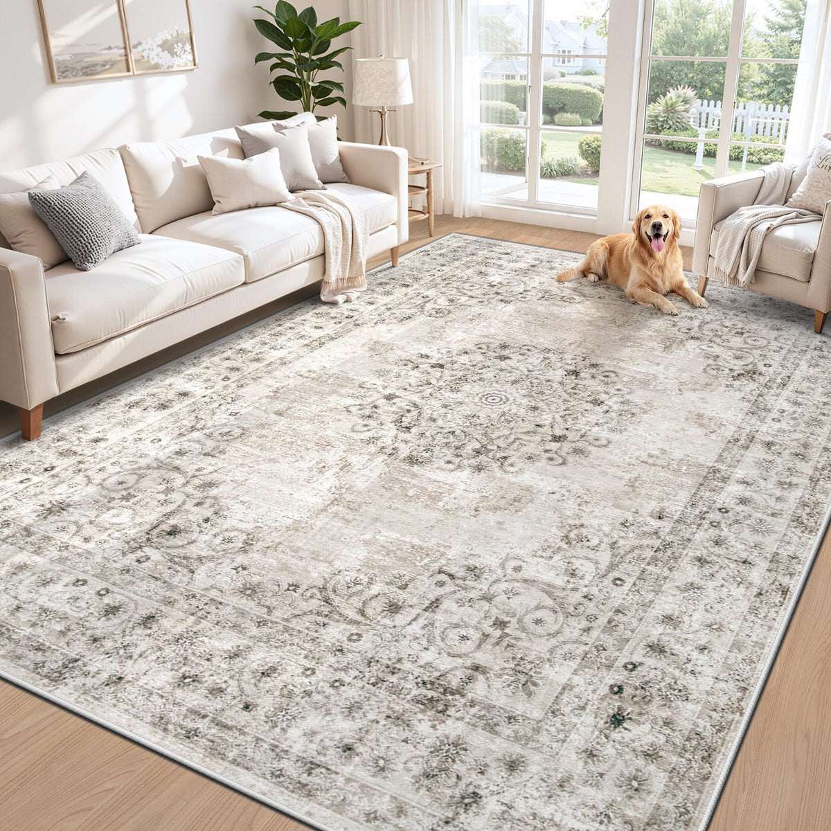 Area Rug 5x7 Vintage Rug: Washable Indoor Medallion Rugs Low Pile Distressed Floor Carpet Retro Accent Rug for Living Room Bedroom Kitchen Dining Table Home Office(Beige, 5'x7')