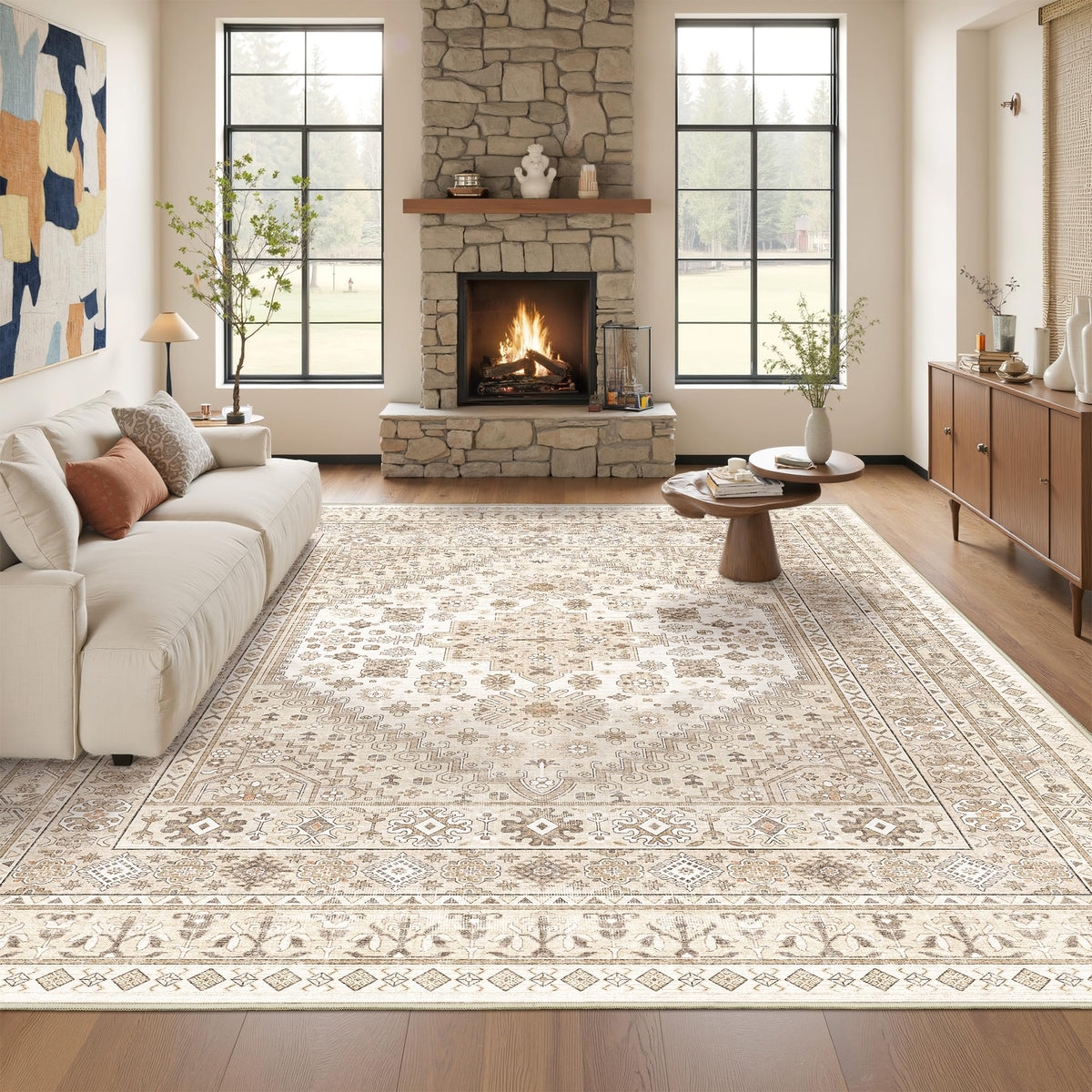 4x6 Area Rugs for Living Room, Non Slip Rugs for Bedroom, Beige