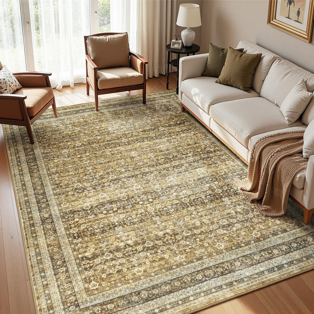 Sage Green 8x10 Area Rug for Living Room, Vintage Boho Large Carpet