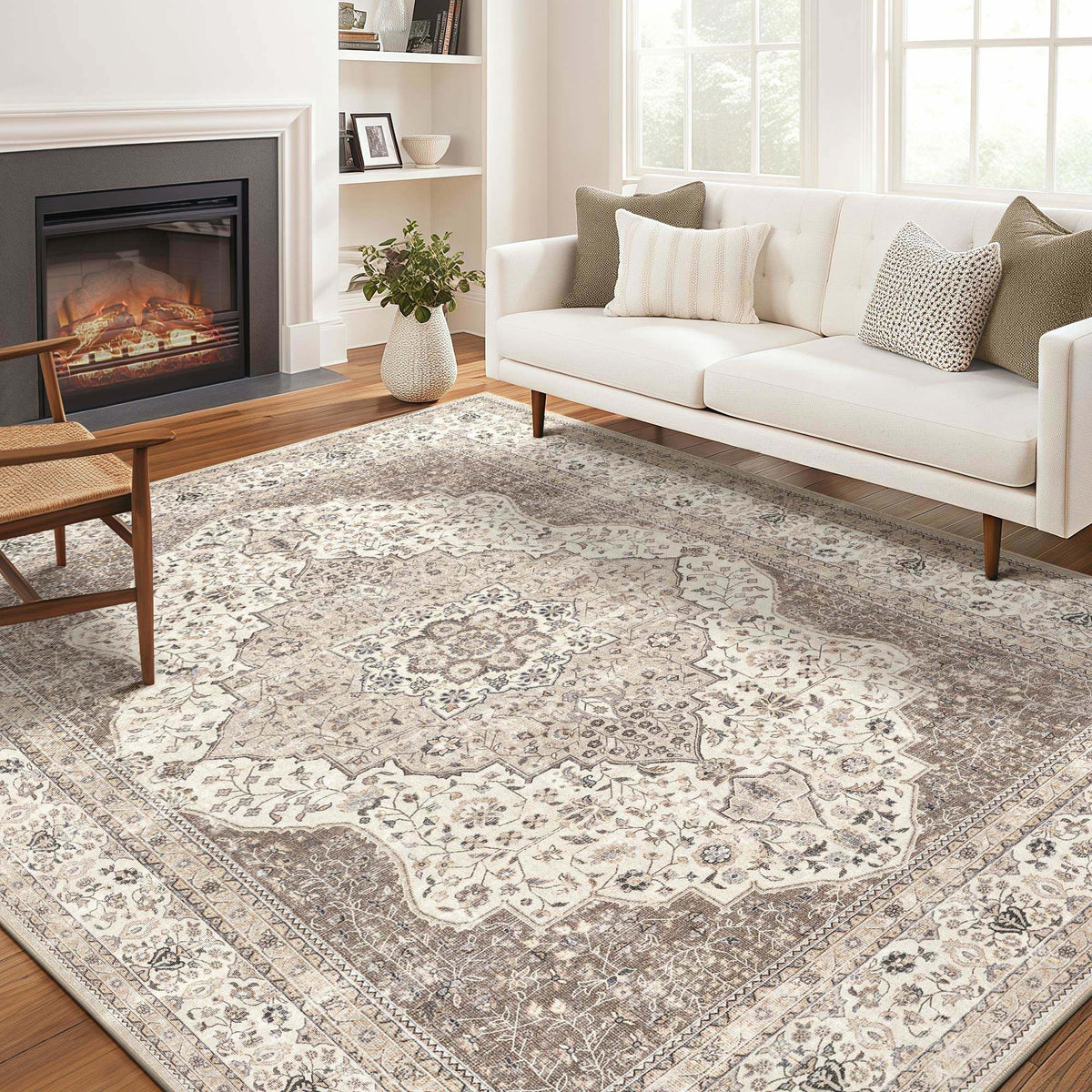 Vintage 9x12 Washable Area Rugs for Living Room, Non Slip, Brown