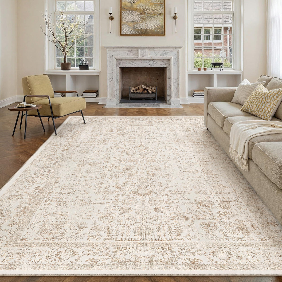 PureCozy Beige Area Rug 5x7 Vintage Farmhouse Floral