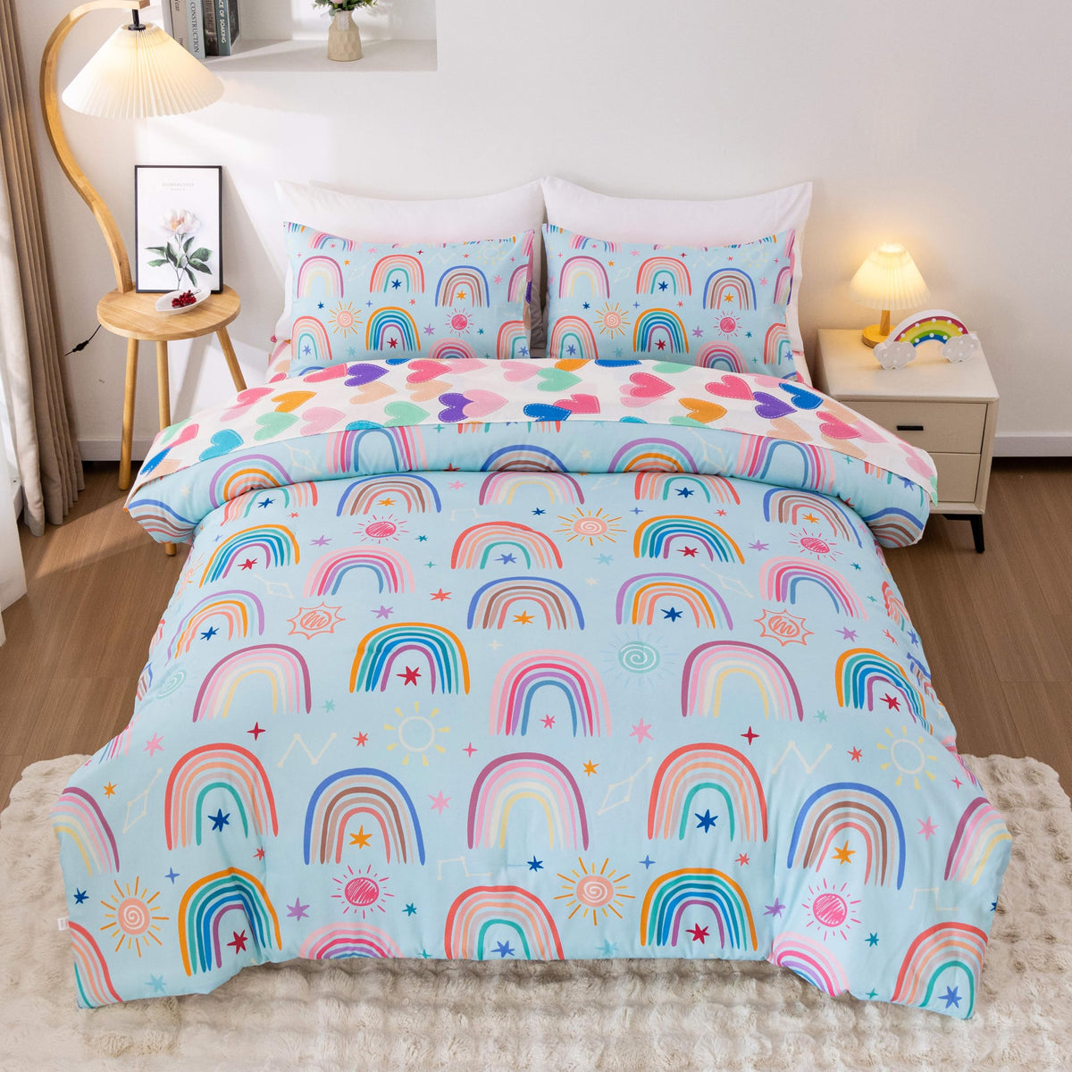 Btargot Lightweight Soft 3 Piece Rainbow Comforter Set with 2 Pillow Covers, Cartoon Love Hearts Flowers and Grass Bedding Set for Girls Boys Kids, Full Multi-Color
