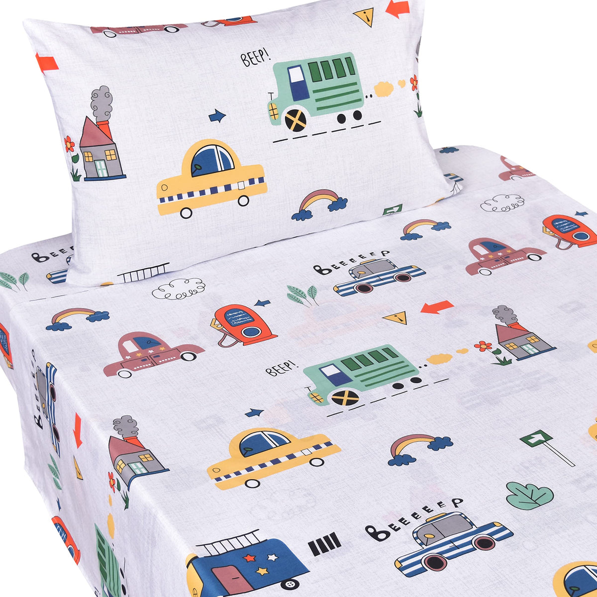 J-pinno Dinosaur Construction Work Digger Cars Vehicle Cute Cozy Fun Full Sheet Set for Kids Girls Children 100% Cotton Flat Sheet + Fitted Sheet + Piillowcase Bedding Set (Dinosaur, Full)