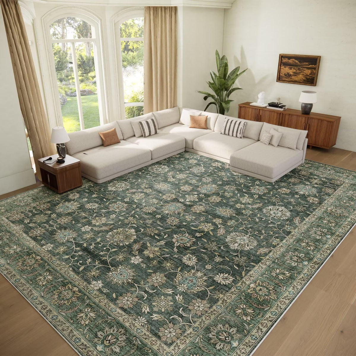 Washable 10x14 Area Rugs for Living Room, Ivory/Sage Gold