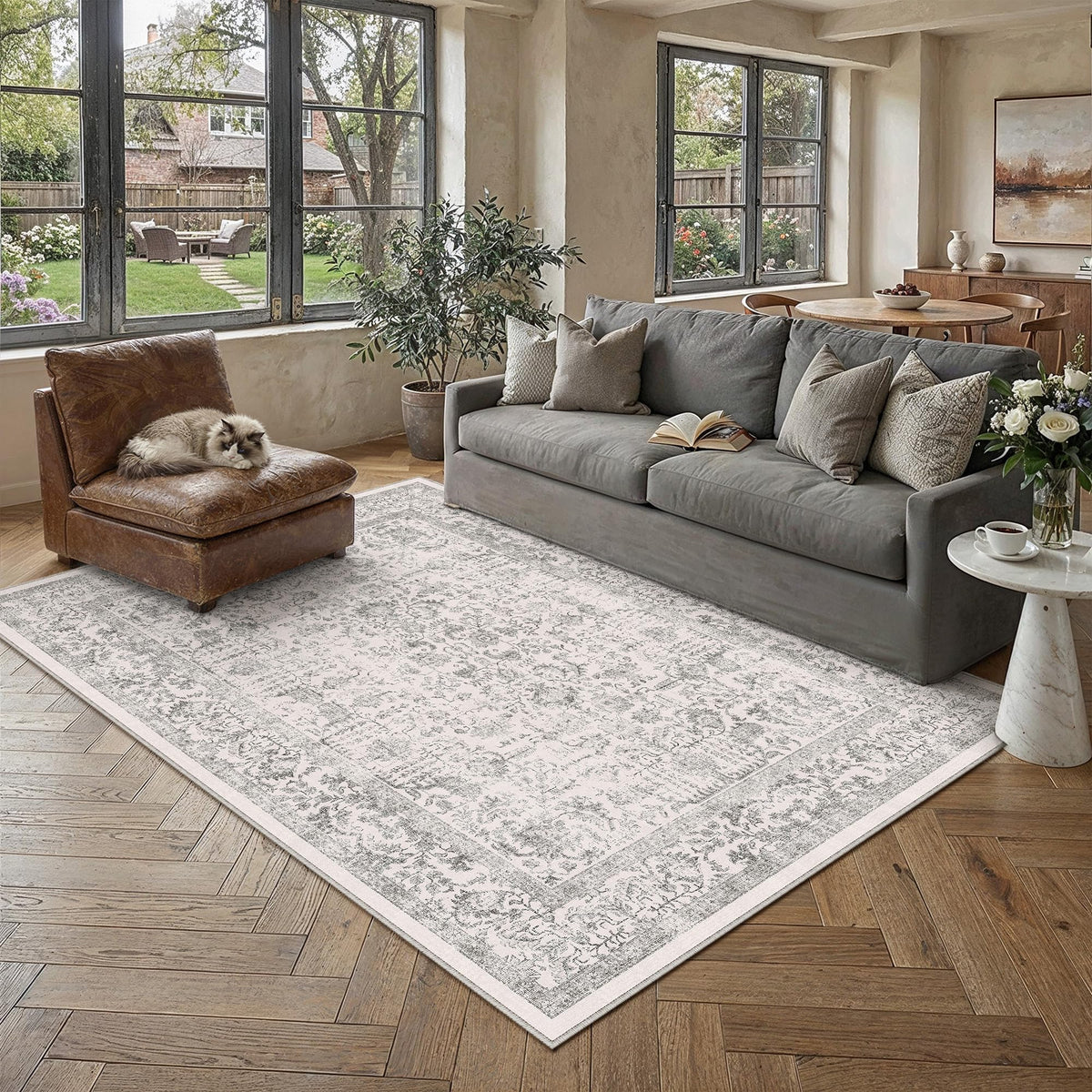 PureCozy Beige Area Rug 5x7 Vintage Farmhouse Floral