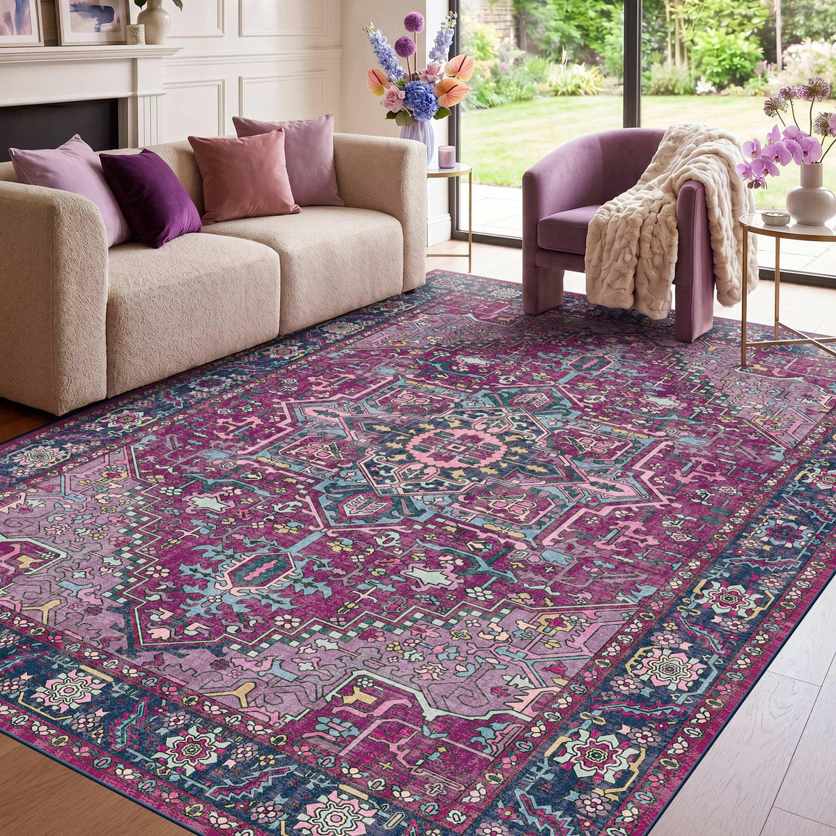 Kokia 9x12 Washable Area Rugs Maroon with Vintage Orient Design, Soft Rug for Living Room or Bedroom, Non-Slip Low Pile Stain Resistance Features, Distressed Medallion Pattern
