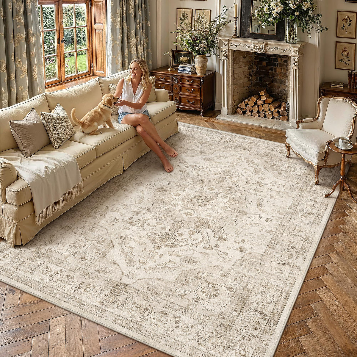 PureCozy 5x7 Beige Area Rug for Living Room Vintage Distressed