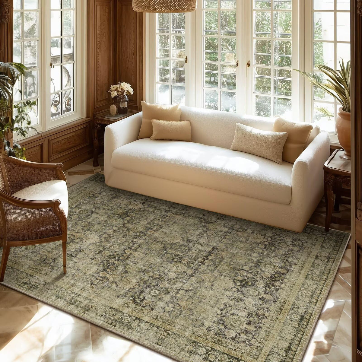 Washable 10x14 Area Rugs for Living Room, Ivory/Sage Gold