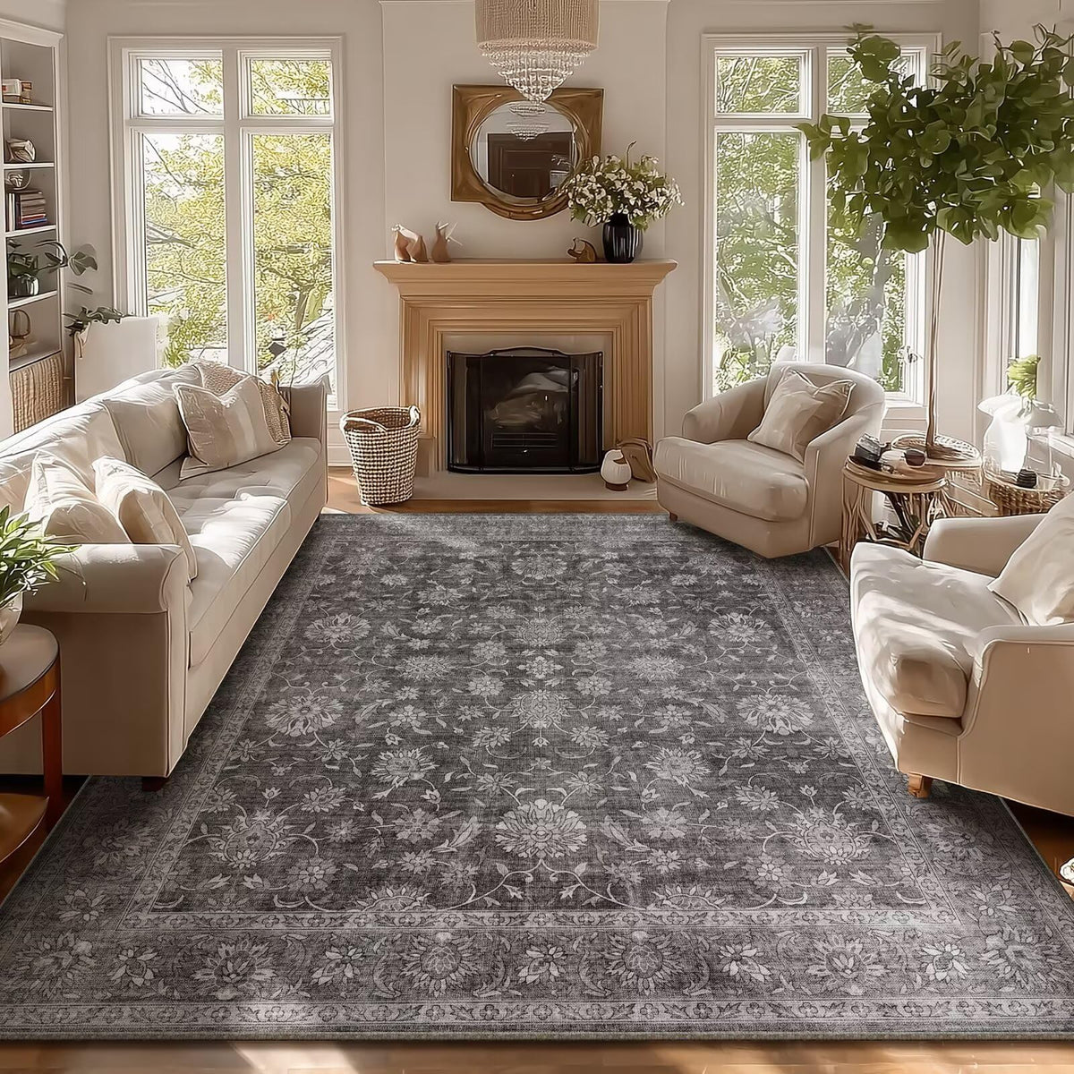 Washable 10x14 Area Rugs for Living Room, Ivory/Sage Gold