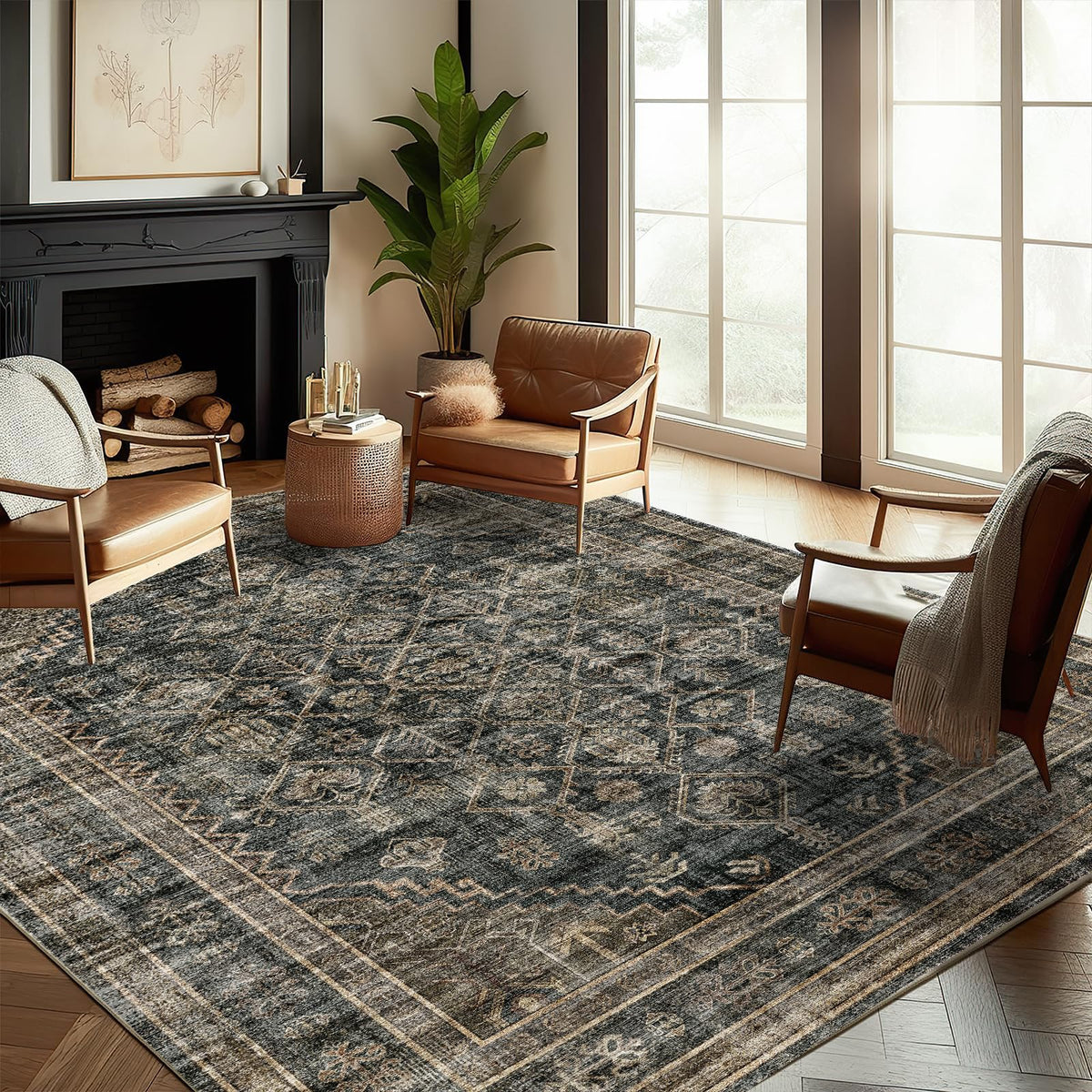 CHAMPLANT Area Rug 4x6 Washable Rug Gray Vintage Traditional Floor Cover Foldable Thin Retro Accent Indoor Distressed Non Slip Carpet Floral Print Mat Bedroom Living Room Bathroom
