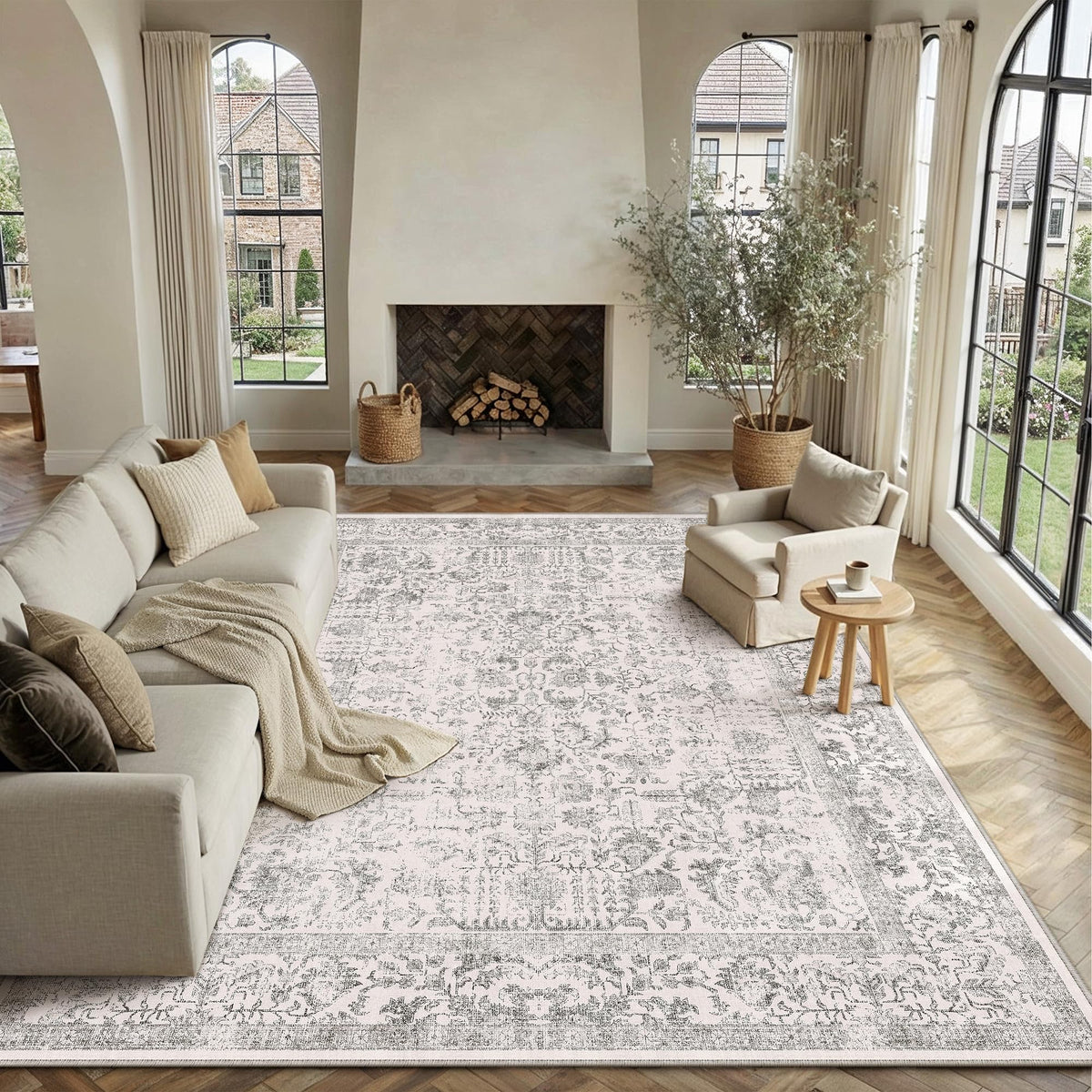 PureCozy Beige Area Rug 5x7 Vintage Farmhouse Floral