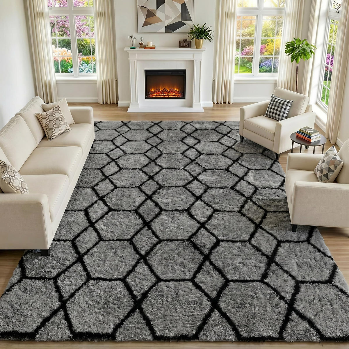 Area Rugs for Bedroom Living Room, 4x6 Fluffy Grey and Black Geometric Rug