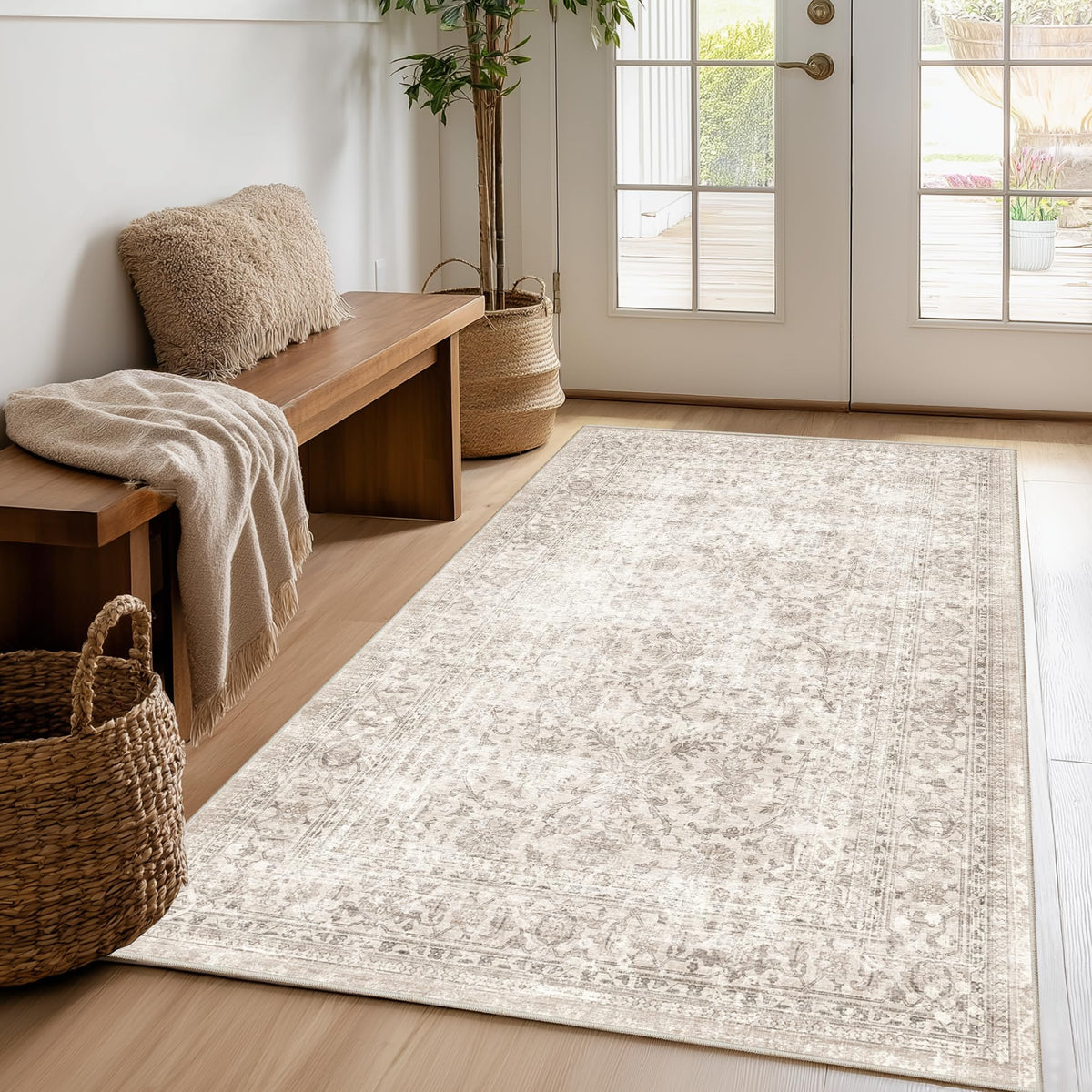 FMFUNCTEX 5x7 Washable Beige Neutral Vintage Retro Area Rug for Living Room