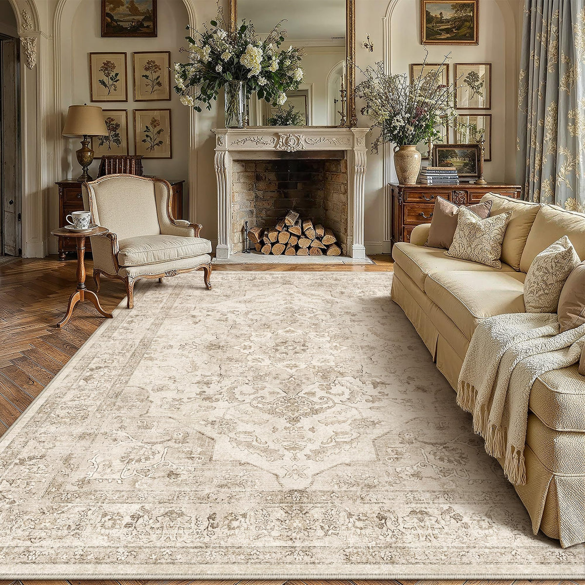 PureCozy 5x7 Beige Area Rug for Living Room Vintage Distressed