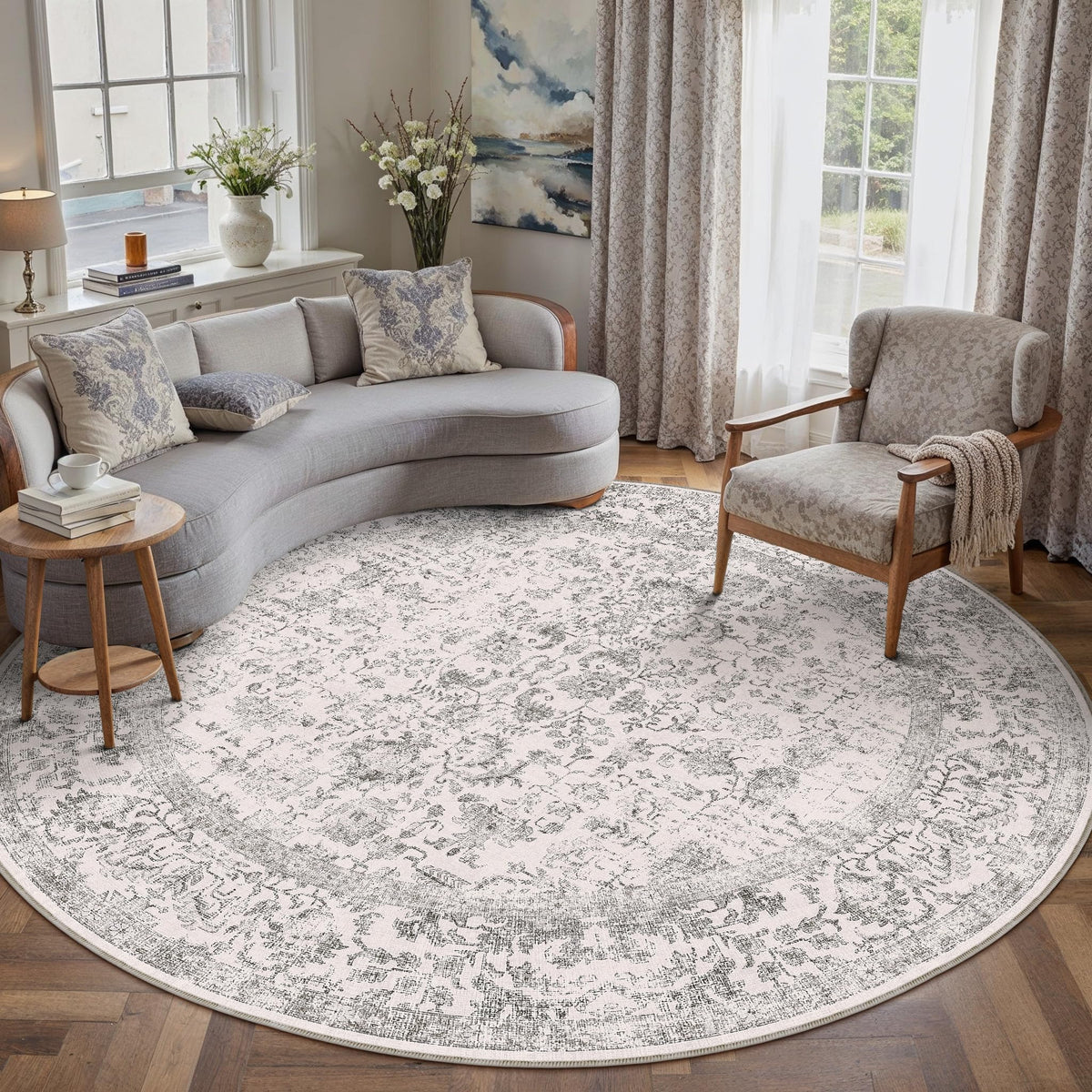 PureCozy Beige Area Rug 5x7 Vintage Farmhouse Floral