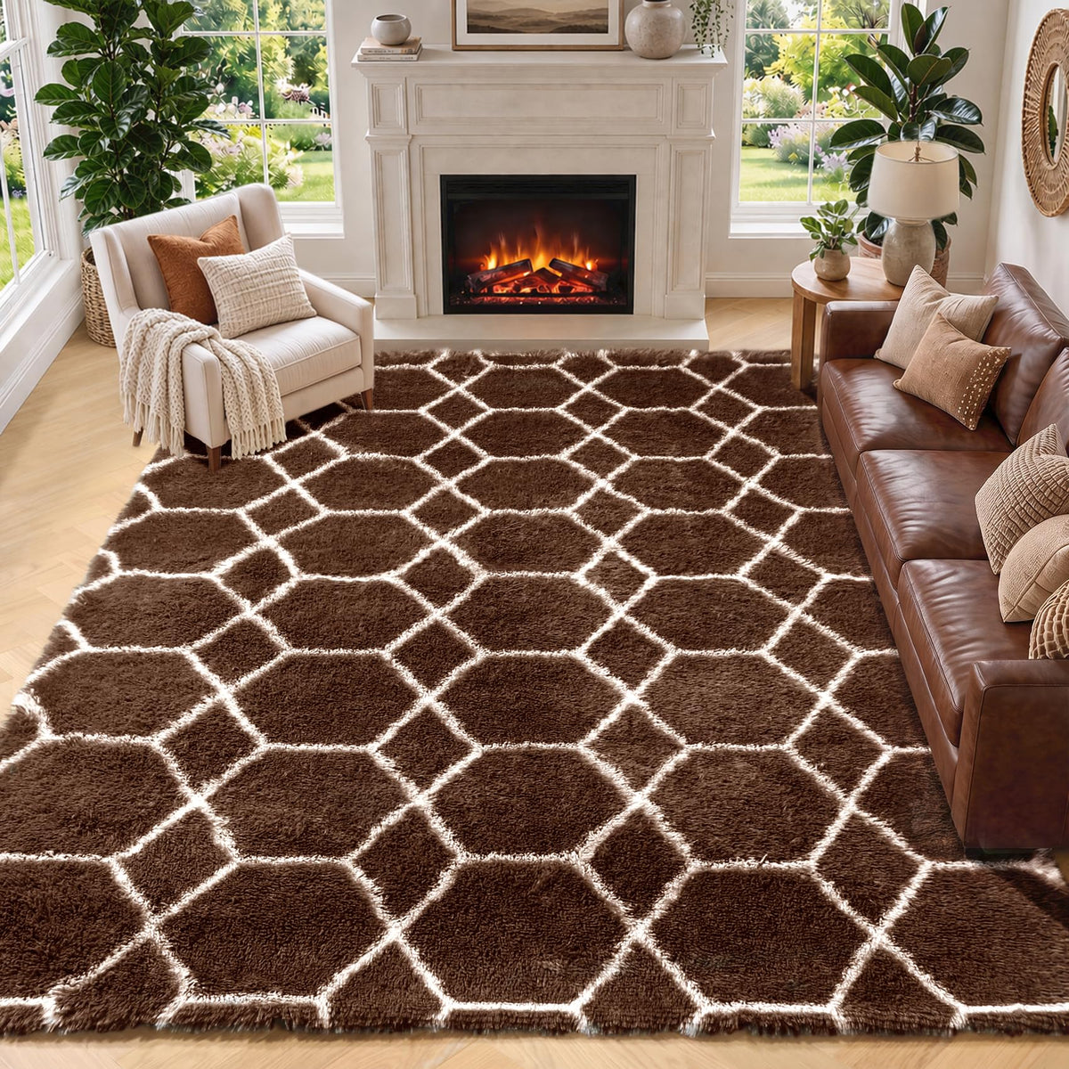 Area Rugs for Bedroom Living Room, 4x6 Fluffy Grey and Black Geometric Rug