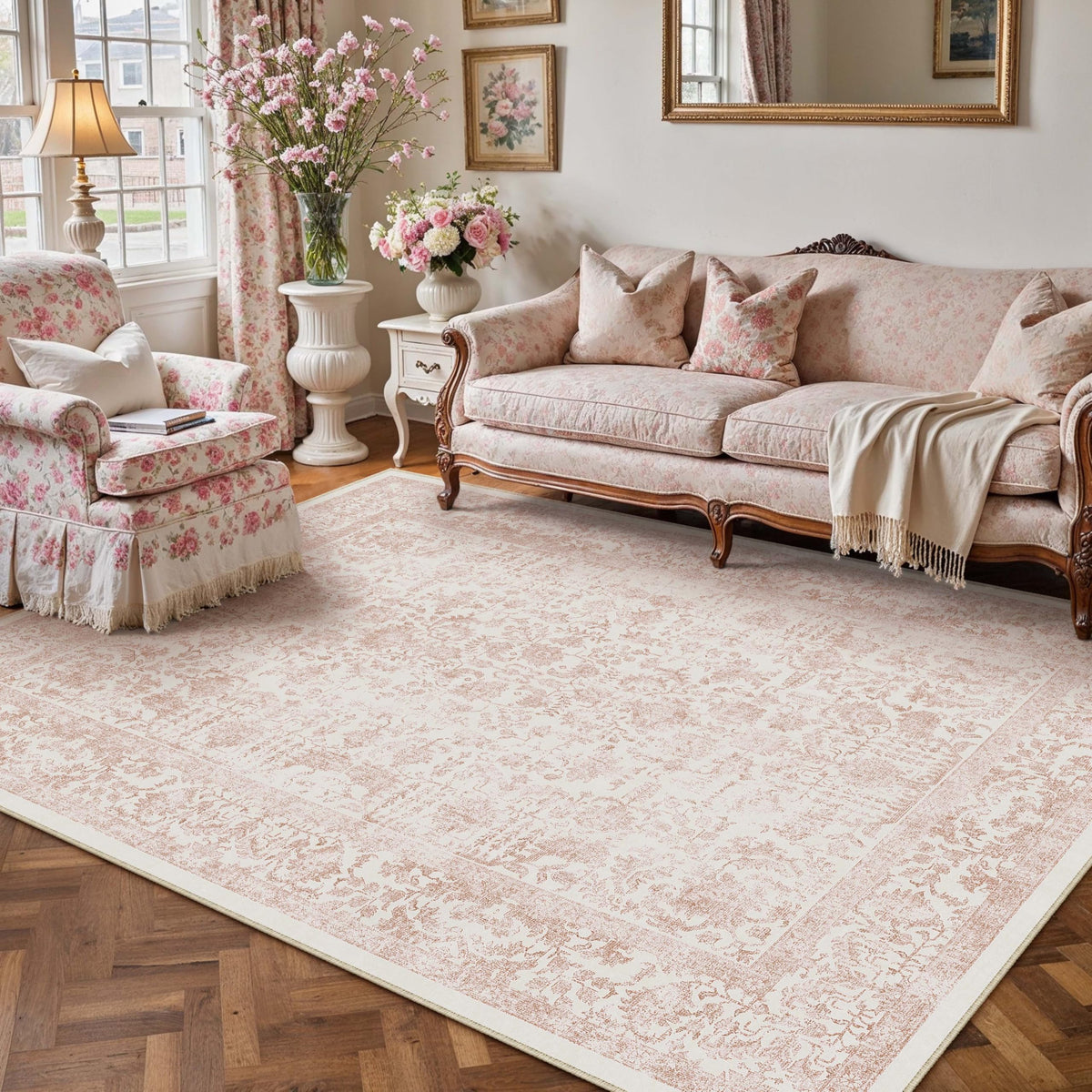 PureCozy Beige Area Rug 5x7 Vintage Farmhouse Floral