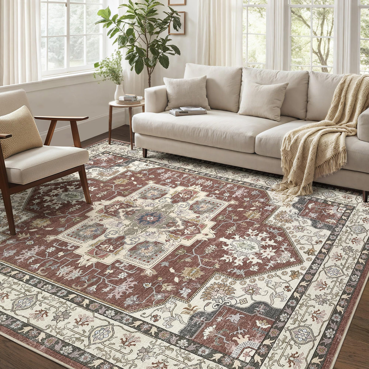 Vintage 9x12 Washable Area Rugs for Living Room, Non Slip, Brown
