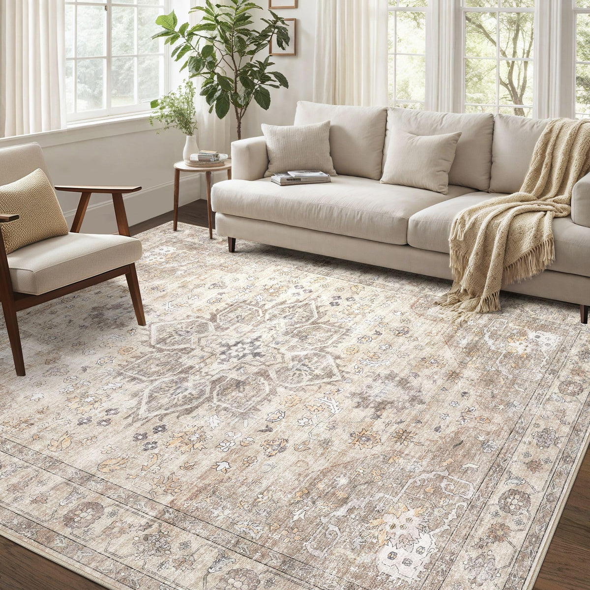 Vintage 9x12 Washable Area Rugs for Living Room, Non Slip, Brown