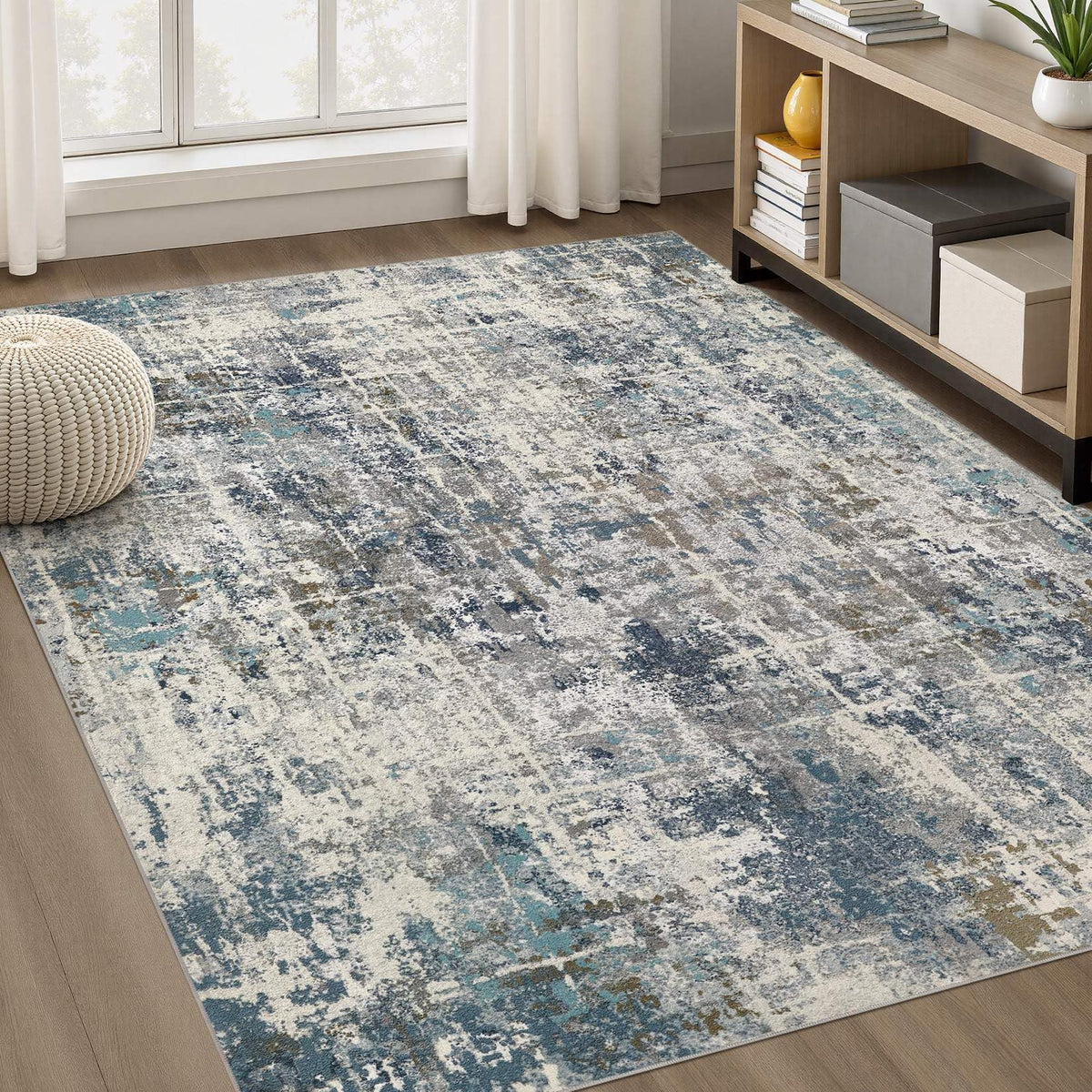 DMOYEST Area Rug Living Room Rugs 5x7 Washable Abstract Beige Blue Carpet
