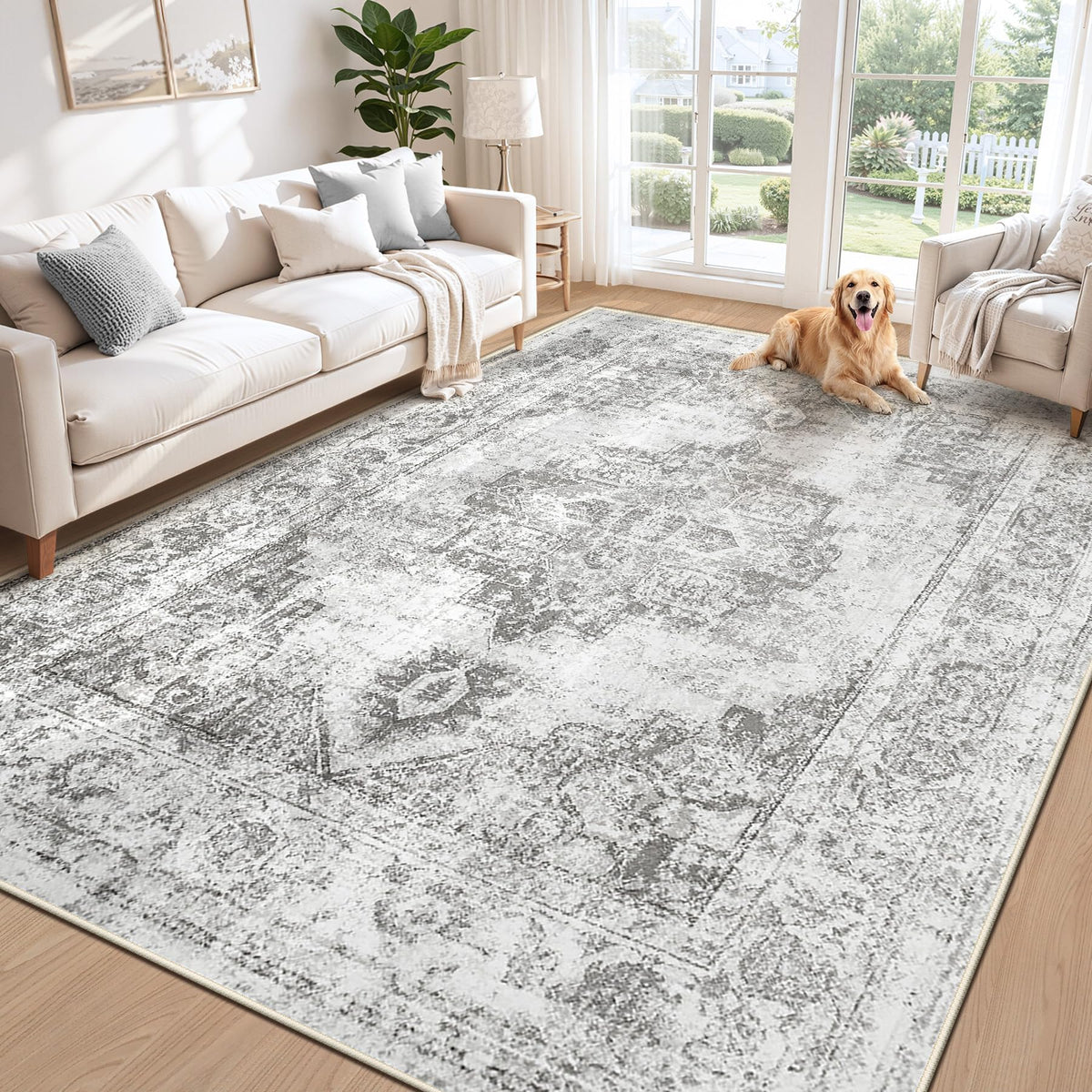 Area Rug 5x7 Vintage Rug: Washable Indoor Medallion Rugs Low Pile Distressed Floor Carpet Retro Accent Rug for Living Room Bedroom Kitchen Dining Table Home Office(Beige, 5'x7')