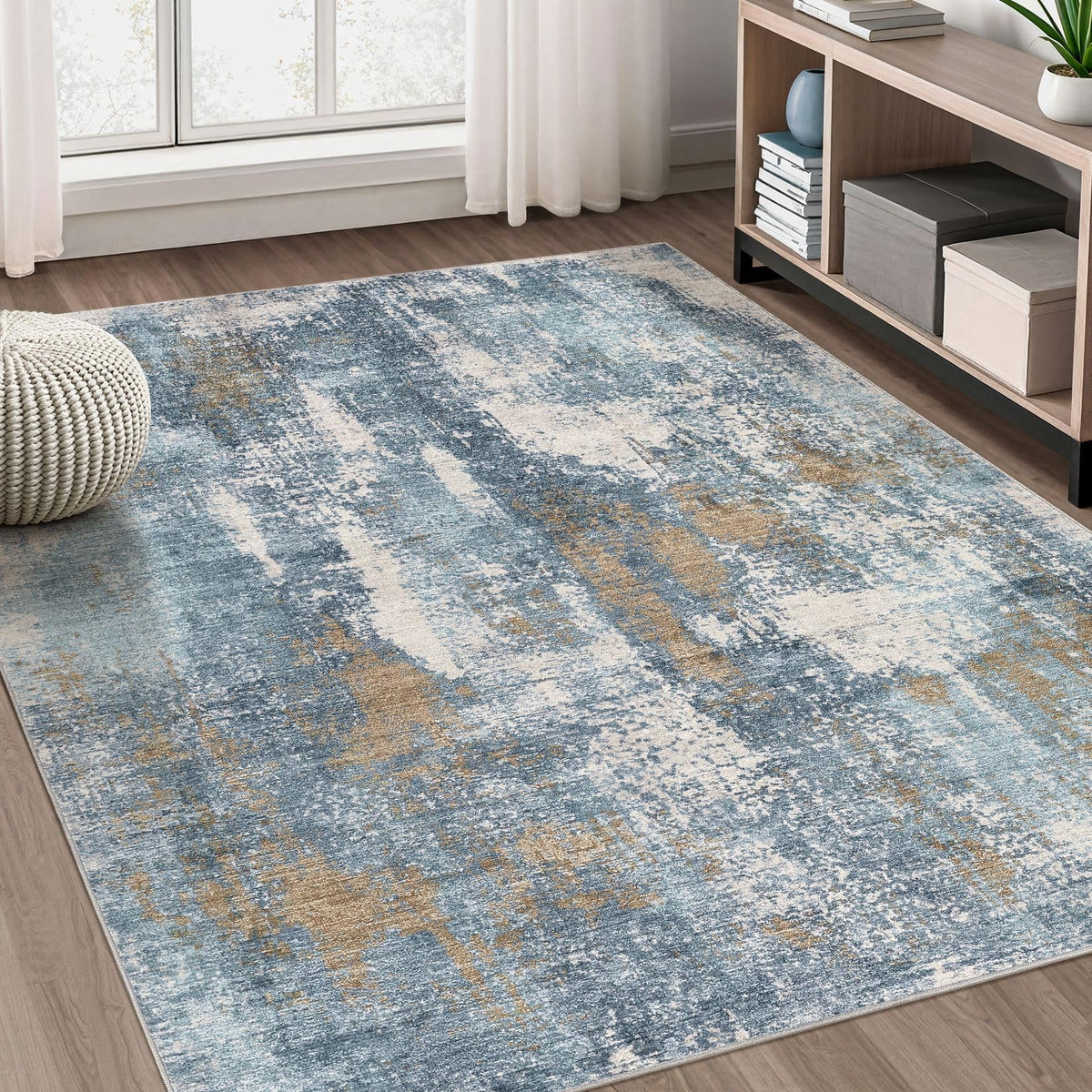 DMOYEST Area Rug Living Room Rugs 5x7 Washable Abstract Beige Blue Carpet