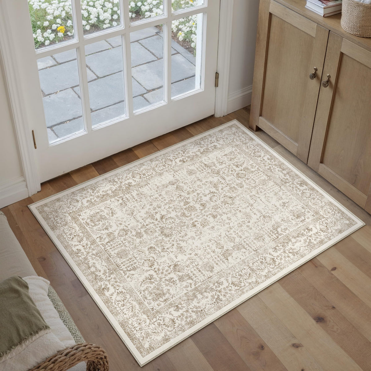 PureCozy Beige Area Rug 5x7 Vintage Farmhouse Floral
