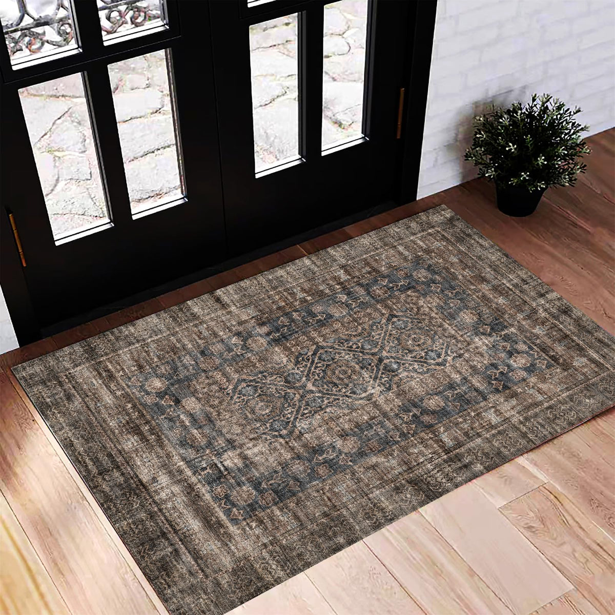 CHAMPLANT Area Rug 4x6 Washable Rug Gray Vintage Traditional Floor Cover Foldable Thin Retro Accent Indoor Distressed Non Slip Carpet Floral Print Mat Bedroom Living Room Bathroom