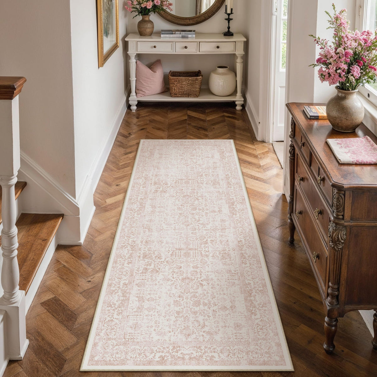 PureCozy Beige Area Rug 5x7 Vintage Farmhouse Floral