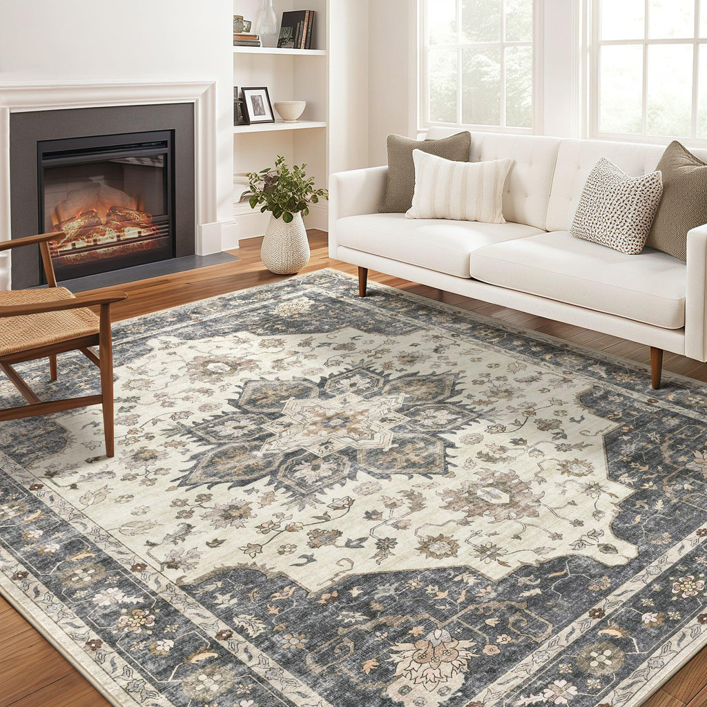 Vintage 9x12 Washable Area Rugs for Living Room, Non Slip, Brown