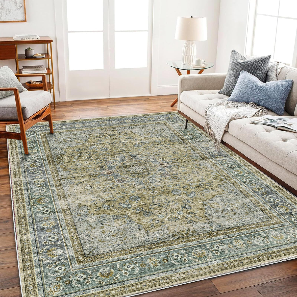 CHAMPLANT Area Rug 4x6 Washable Rug Gray Vintage Traditional Floor Cover Foldable Thin Retro Accent Indoor Distressed Non Slip Carpet Floral Print Mat Bedroom Living Room Bathroom