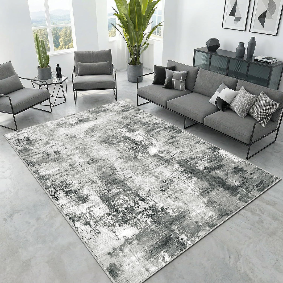 Merelax Washable Area Rugs 5'x8' Grey Abstract Rug for Living Room Bedroom Entryway Nursery, Dining Room and Farmhouse Rug, Non-Slip Modern Indoor Low Pile Soft Floor Carpet, Gray Print Pattern