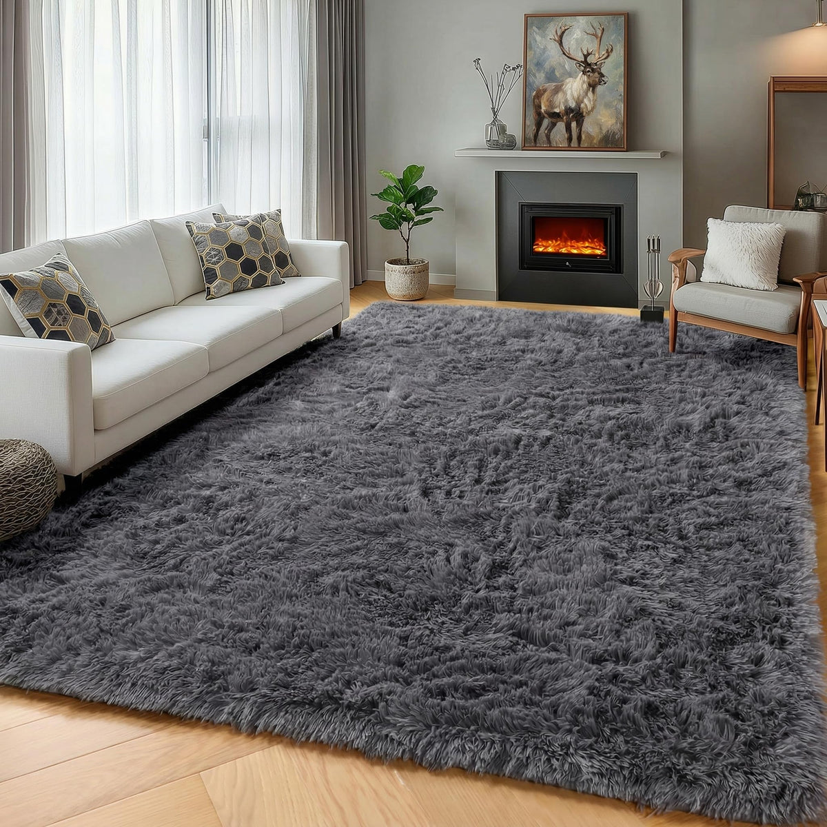 Area Rugs for Bedroom Living Room, 4x6 Fluffy Grey and Black Geometric Rug