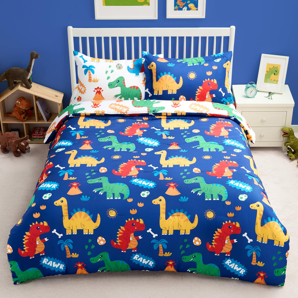 Joiedomi Kids Comforter Set Bedding Set for Boys Girls Super Soft Microfiber Bed in a Bag with Comforter Sheets Pillowcase Sham, Dark Blue Dinosaur, Twin