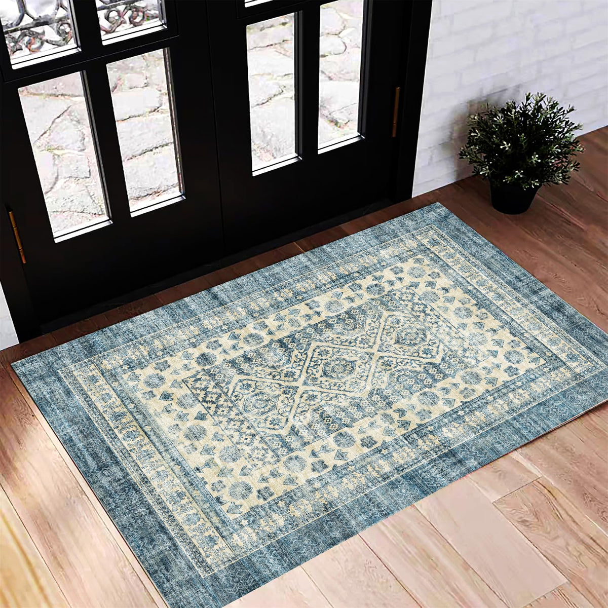 CHAMPLANT Area Rug 4x6 Washable Rug Gray Vintage Traditional Floor Cover Foldable Thin Retro Accent Indoor Distressed Non Slip Carpet Floral Print Mat Bedroom Living Room Bathroom